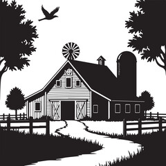 Obraz premium Black and white farm scene with barn silo and trees