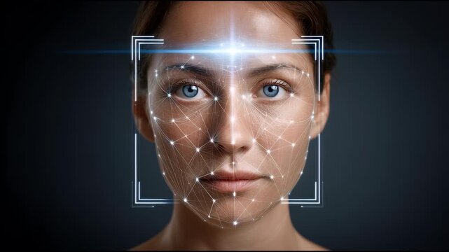 Futuristic headshot portrait of calm, serious woman face with blue eye under facial recognition scan, blending natural beauty with biometric security technology
