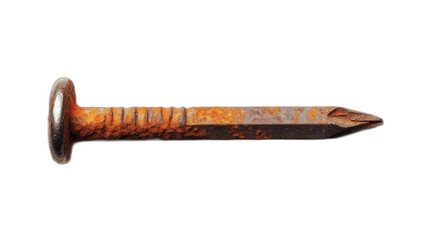 Close-up of a rusty nail against a black background, showing corrosion and detail