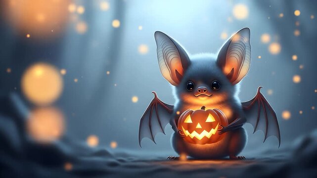 Cute little bat holding glowing halloween pumpkin