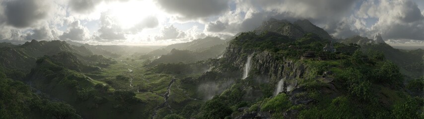 Landscape view of a lush green mountain range under a cloudy sky
