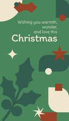 Warm wishes for a joyous Christmas greeting card with geometric shapes and holly sprigs.