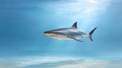 Obraz premium Peaceful marine life with shark concept, A majestic shark swimming gracefully in clear blue waters.