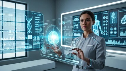 woman in futuristic uniform interacts with holographic display showing glowing brain DNA and medical data Large screens in the background feature human anatomy and charts in high-tech lab - Powered by Adobe