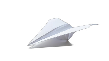 Crisp white folded paper craft airplane on a stark black background, well lit