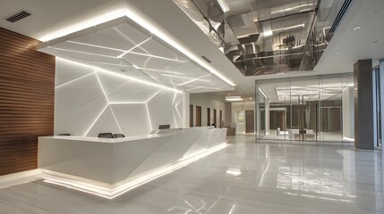 Captivating architectural interior showcases a modern reception area, featuring a sleek white reception desk illuminated with integrated lighting, polished floors, and geometric ceiling design,...