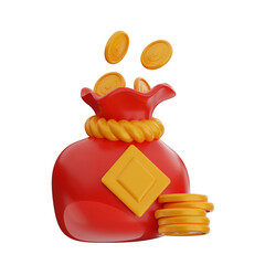 Red Coin Bag Overflowing with Golden Coins on Transparent Background 3D Render