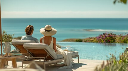 Couple enjoying tranquil relaxation near a serene swimming pool overlooking a breathtaking ocean view under a bright, sunny sky, enhanced by lush greenery and vibrant flora for a sense of calmness.