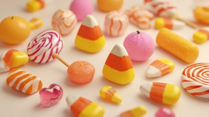 Cute 3D Halloween sweets including candy corn, lollipops, chocolates, gummy candies, isolated on white