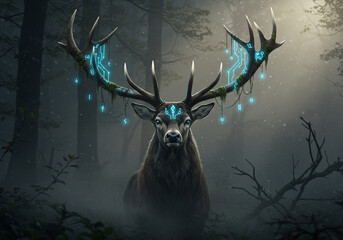 A majestic deer stands in a misty forest, its antlers adorned with glowing blue circuit patterns and lights.