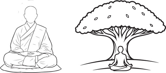Line Art Illustration of Meditating Monk and Figure Under a Tree, Representing Spirituality and Peace