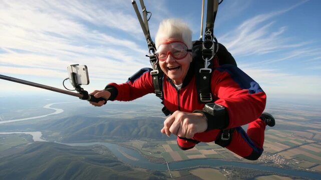 jubilant senior in red and blue jumpsuit with goggles smiles mid-air while skydiving holding phone on stick above breathtaking vista of rivers mountains and farmlands