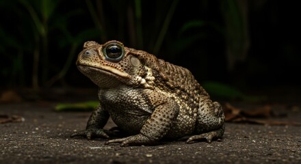 Cane toad resting on ground, large invasive amphibian species known for toxic skin and ecological impact, perfect for wildlife and nature themes.