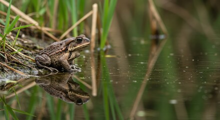 Fototapeta premium Cane toad resting on ground, large invasive amphibian species known for toxic skin and ecological impact, perfect for wildlife and nature themes.