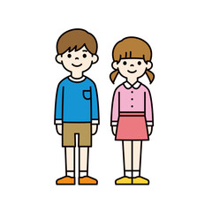 笑顔の幼稚園児・小学生の男の子と女の子のシンプルな全身ベクターイラスト素材