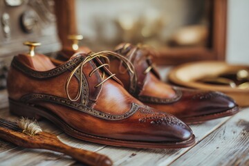 Detailed shot of polished brown leather dress shoes with intricate detailing and wooden shoe forms