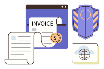 Invoice document with currency coin, shield representing security, and a global network icon for cloud storage. Ideal for finance, cybersecurity, e-commerce, accounting, cloud solutions, business