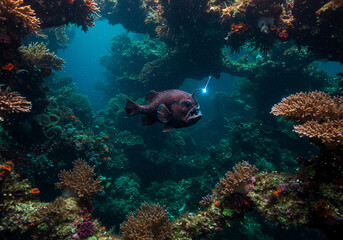Naklejka premium A dark-colored fish swims through a vibrant coral reef ecosystem with diverse coral formations and clear blue water.