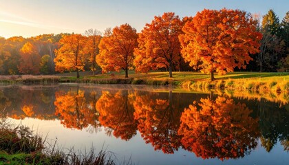 Scenic Autumn Landscape with Orange Trees Reflecting in Calm Lake under Bright Sunlight During Daytime in Landscape Format