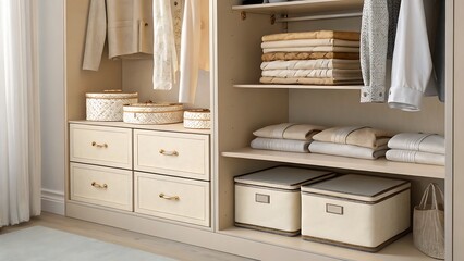 Interior view of a closet with drawers and shelves holding items