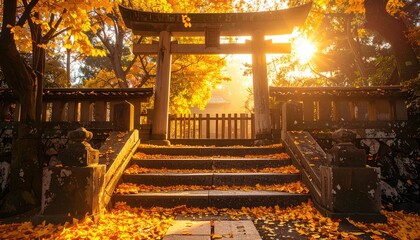Scenic Autumn Pathway Leading to Stone Torii Gate with Golden Foliage and Sun Flare in Japanese Garden
