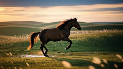 chestnut horse with white blaze gracefully traverses lush green field stepping through shallow puddle at golden hour Warm sunset light illuminates its flowing tail and distant rolling hills - Powered by Adobe