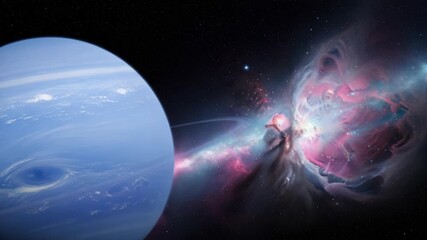 colossal blue gas giant with distinct cloud bands prominent swirling storm and faint rings dominates the left A vibrant pink purple and blue cosmic nebula rich with embedded stars illuminates the dark - Powered by Adobe