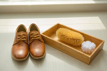 Two tan leather shoes and cleaning tools on a tiled floor, bathed in sunlight