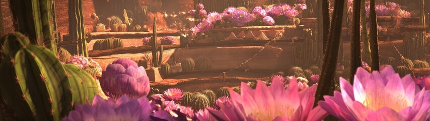 Fantasy landscape with vibrant flowers and layered vegetation