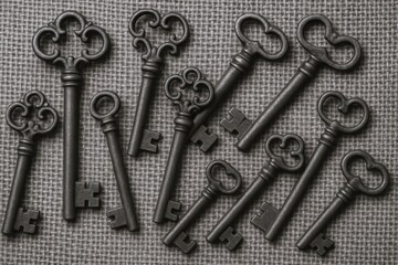 Obraz premium Collection of Ornate Antique Keys on Textured Fabric Background: Security, Mystery, and Vintage Concepts
