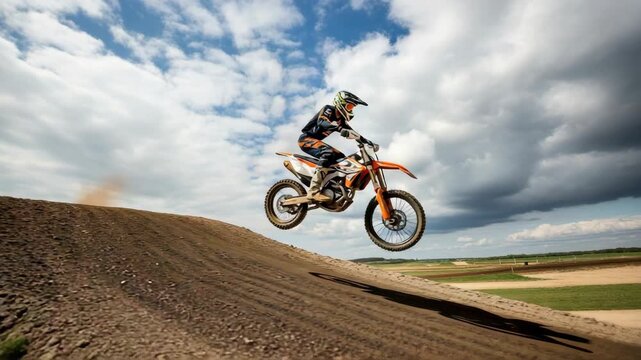motocross rider in full gear on an orange dirt bike jumps high over dirt mound kicking up dust The dynamic scene is set against cloudy sky with long shadows on the track