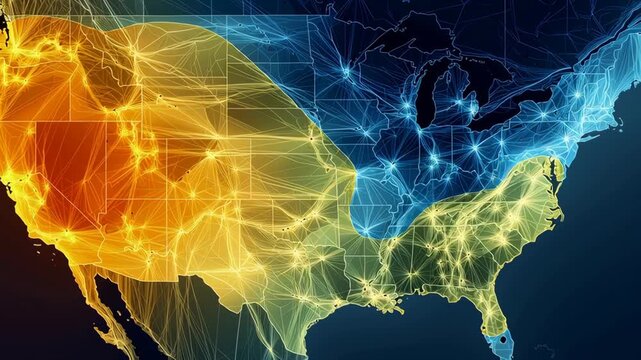 Energy usage map showing glowing network lines across United States with regional environmental impact highlighting differences in consumption and power distribution