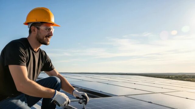 smiling male technician in hard hat and safety glasses installs solar panels on rooftop Hes working on large array under bright blue sky ensuring clean energy production