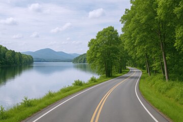 Fototapeta premium Scenic Road Alongside Calm Lake Surrounded by Lush Greenery, Ideal for Travel and Adventure