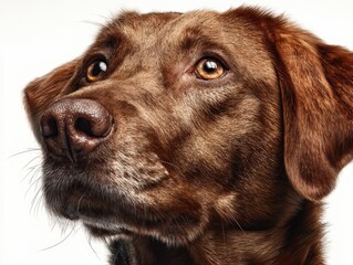 Chocolate Labrador Portrait with Expressive Eyes and Detailed Fur on White Background, Close Up