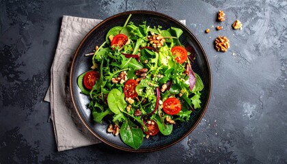 Overhead Shot of Fresh Green Salad with Red Tomatoes Walnuts and Sesame Seeds on Dark Plate Gray Tablecloth and Dark Textured Background