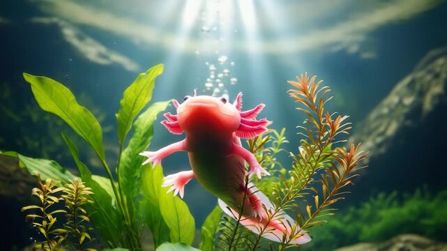 pink aquatic salamander with frilly gills swims gracefully among lush green and reddish-brown underwater plants Sunlight illuminates rising bubbles in its serene freshwater habitat