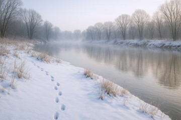 Serene Winter River Landscape with Fog, Snow-Covered Banks, Footprints and Bare Trees in a Misty Morning