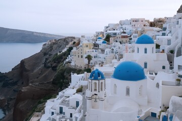 Picturesque Oia Village on Santorini Island, Greece, featuring white buildings and iconic blue domed churches.