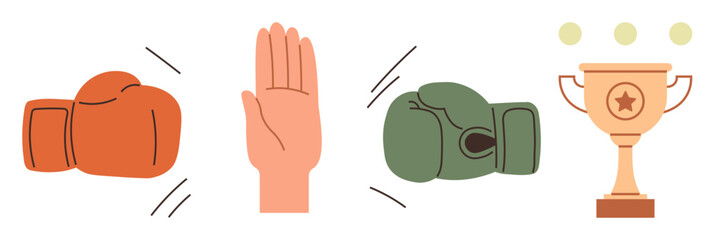 Boxing gloves in opposition, hand showing a stop gesture, and a gold trophy symbolize conflict, resolution, and achievement. Ideal for teamwork, competition, mediation, success goal-setting