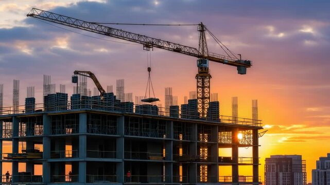 sunset casts an orange glow over multi-story building under construction A large tower crane lifts materials workers silhouettes visible on the concrete frame against the colorful sky