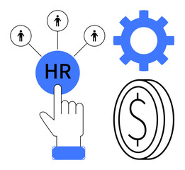 Hand pointing to HR button connected to people icons, gear symbol, and dollar coin outline. Ideal for HR, recruitment, payroll, business strategy, decision-making organization leadership. A simple
