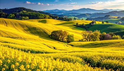 Scenic Golden Hour Landscape with Yellow Wildflower Field and Rolling Green Hills Under a Dramatic Cloudscape at Sunset