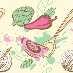 Illustrated arrangement of vegetables and a spoon on a light background