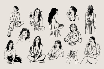 Illustrated collection of women enjoying food and drinks