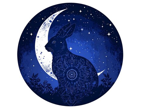 Silhouetted rabbit under crescent moon, starry night - Powered by Adobe