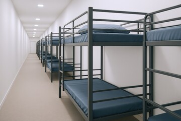 Fototapeta premium Bunk Beds in a Dormitory Setting: Hostel, Barracks, or Affordable Housing Interior Design