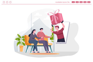 Illustration of a delivery driver handing a gift through a screen