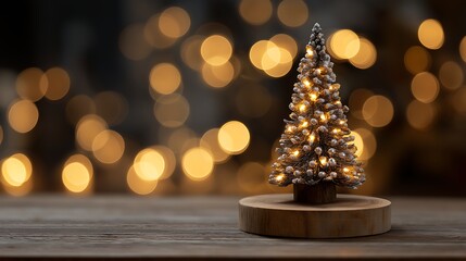 Festive Christmas Tree on Wooden Stand with Bokeh Lights for Holiday Product Display