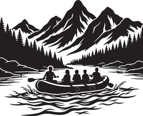 Five people in a raft on a lake with mountains and trees